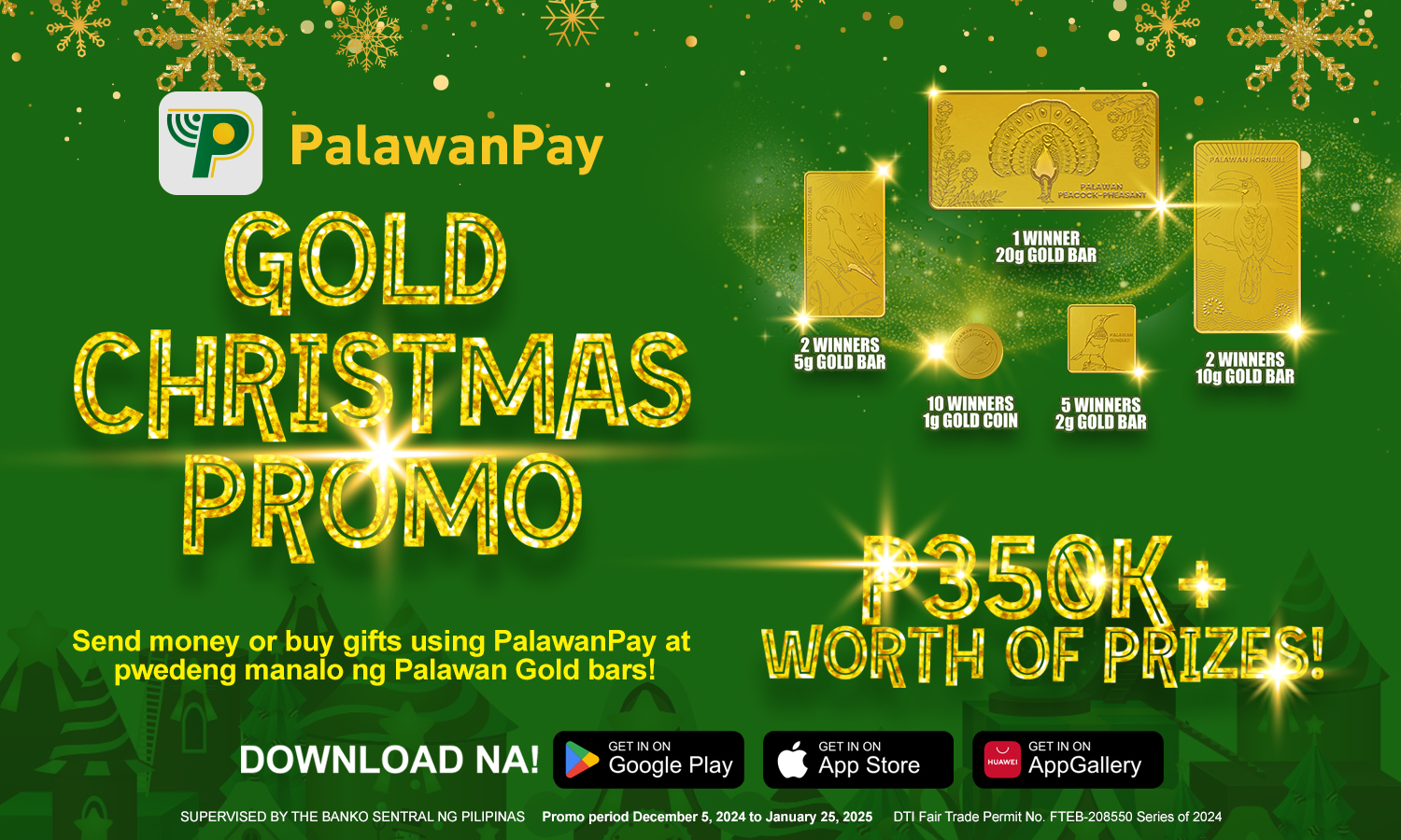 Green & gold poster from PalawanPay giving Filipinos a chance to win investment-grade gold bars this holiday season