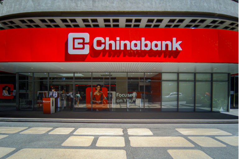 Facade shot of ChinaBank with their new tagline, "Focused on You"