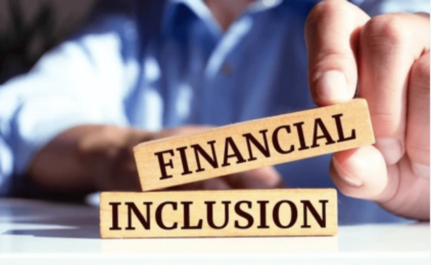 Photo of a man holding a wooden blood with the words financial inclusion