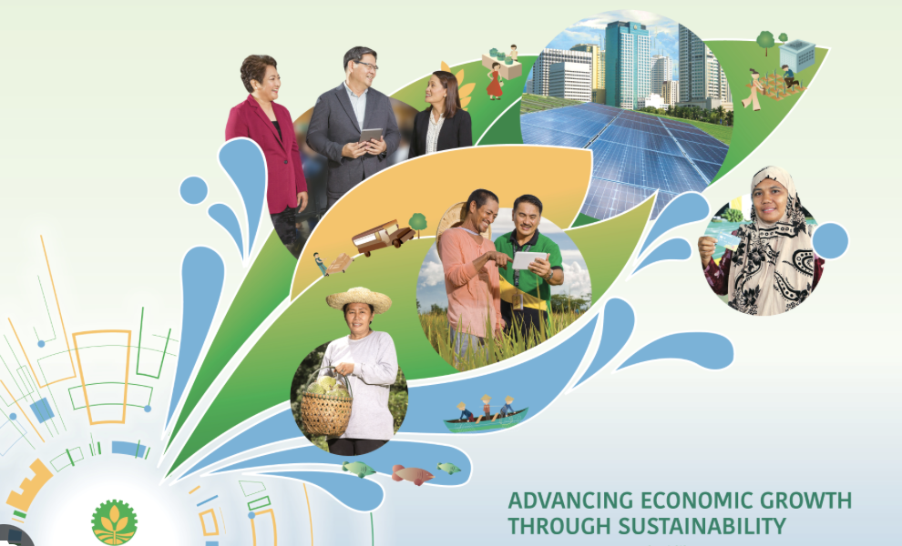Poster for LANDBANK showing people (the bank's beneficiaries) and its sustainability efforts