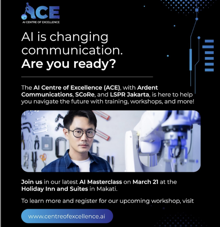 Poster of a man with a robot to illustrate how the PRSP and the IMMAP are backing ACE's "The Power of AI in Communications" workshop in Manila on March 21