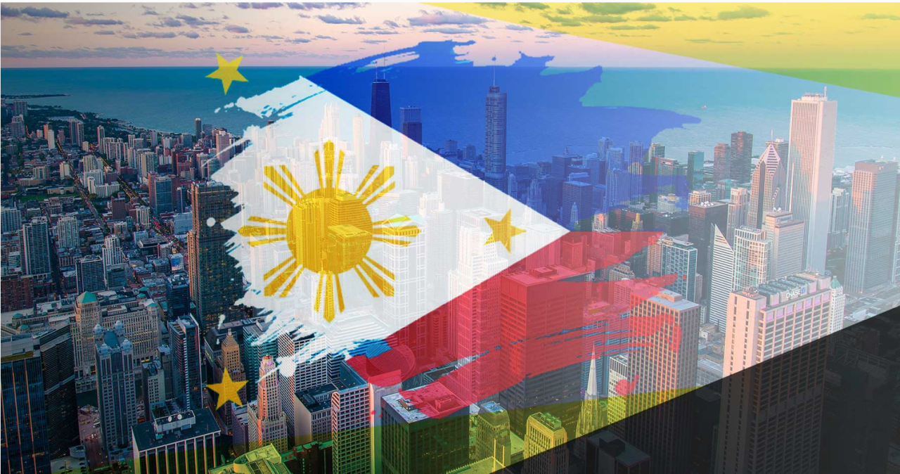 Watermark of the Philippine flag over tall buildings as the country's BOP soars in June