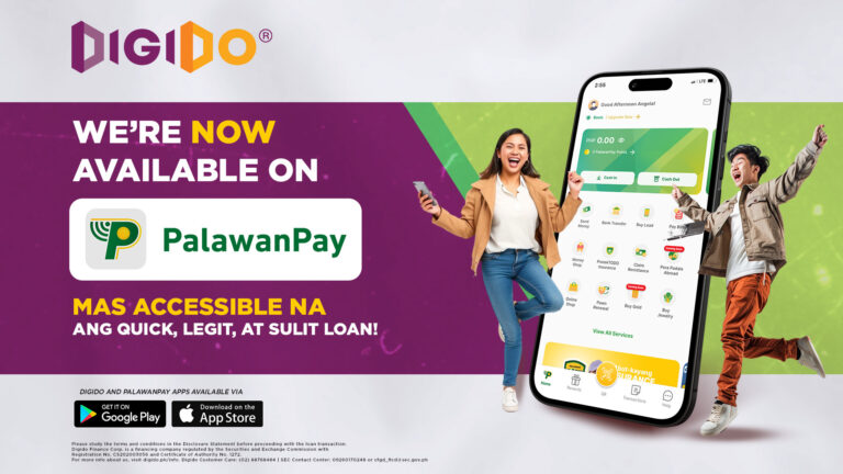Poster of a woman beside a giant mobile phone to illustrate how new Digido and PalawanPay partnership can strengthen access to fair credit in PH