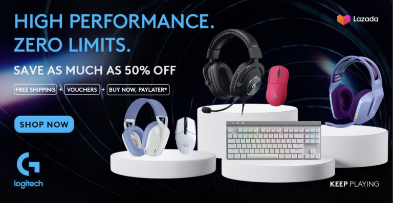 Poster showing Logitech keyboard, headset and mouse as the company celebrates Lazada’s birthday with awesome tech discounts in their 3.3 Pasabog Sale! 