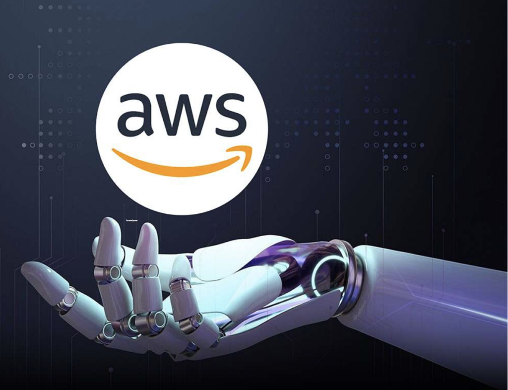 A robotic hand reaches upward beneath the AWS logo, set against a futuristic, tech-inspired backdrop.