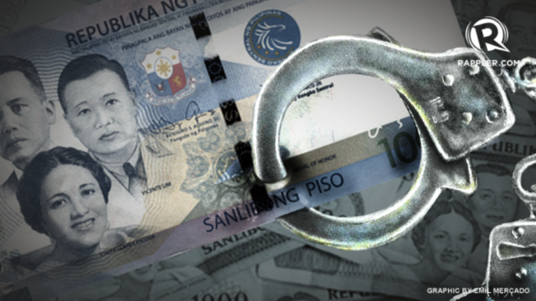 Image of peso bills and a handcuff as BSP calls for enhanced monitoring amid 2025 election season to safeguard financial integrity