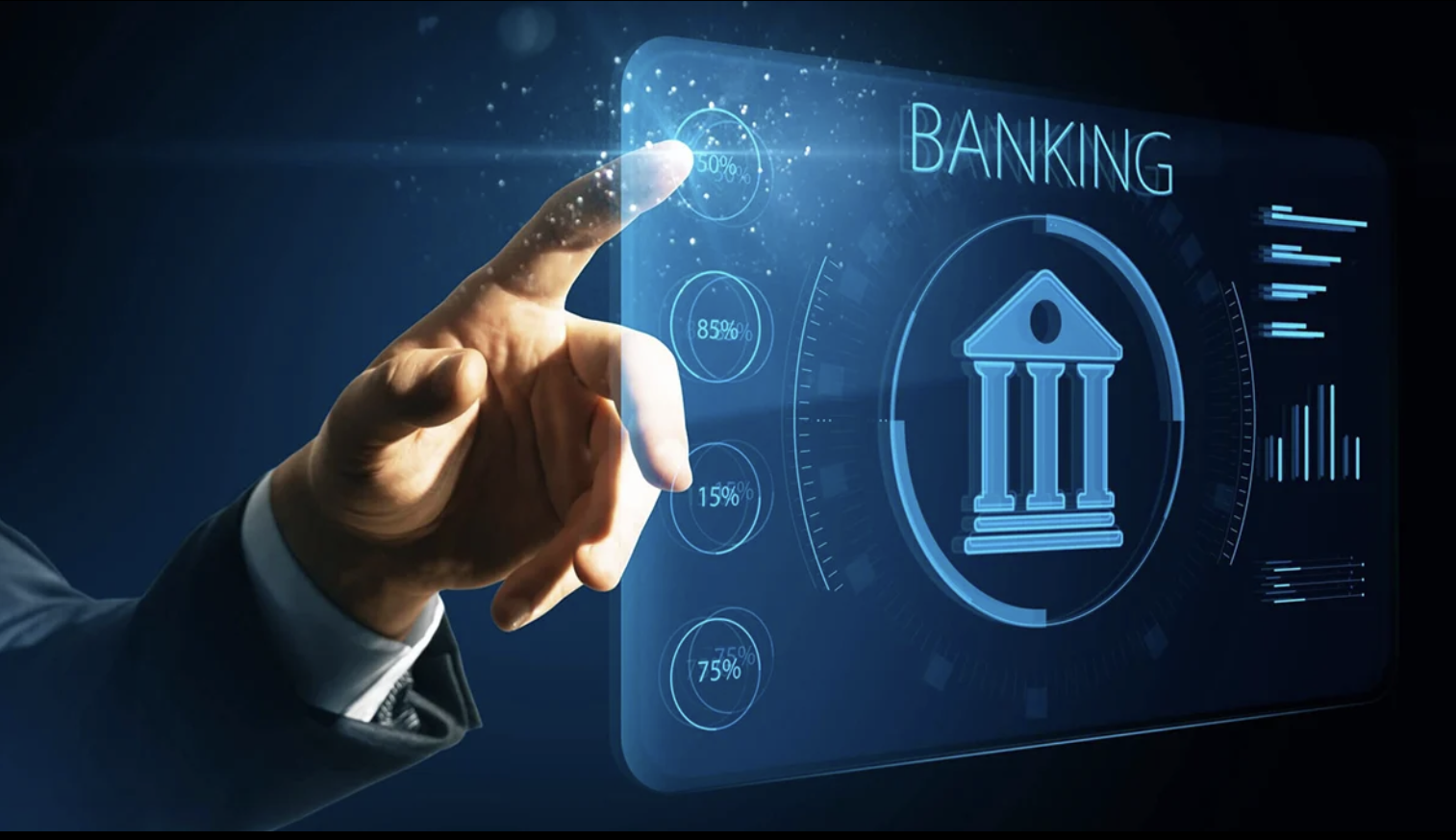A finger pointing to a digital screen to show how digital banks, e-wallets, and traditional lenders are revolutionizing PH Finance in 2025