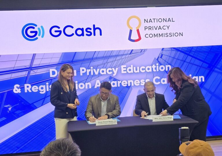 GCash, represented in this photo by Ren-Ren Reyes, has partnered with NPC (represented by Atty. Naga) to strengthen data privacy and cybersecurity