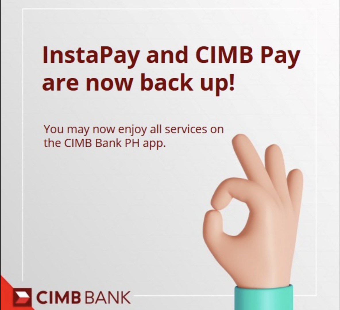 Poster announcing that CIMB Philippines has already resolved unauthorized fund transfer issue