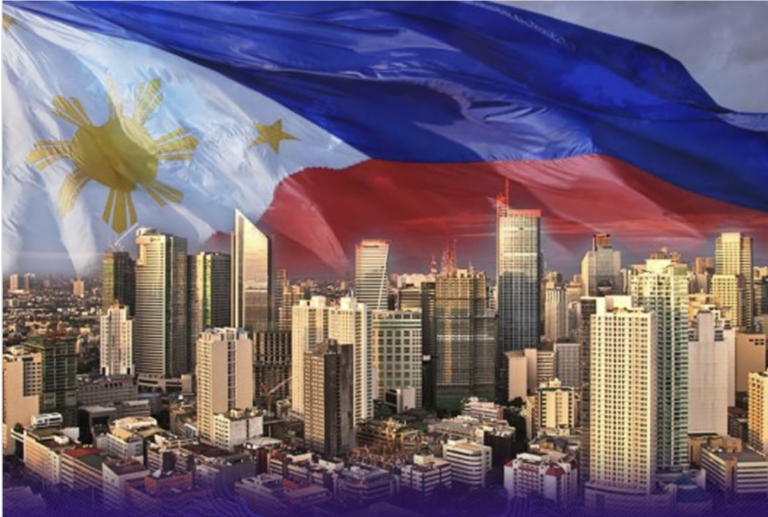 A Philippine flag with buildings on top to show how the economy is showing steady growth in 2025