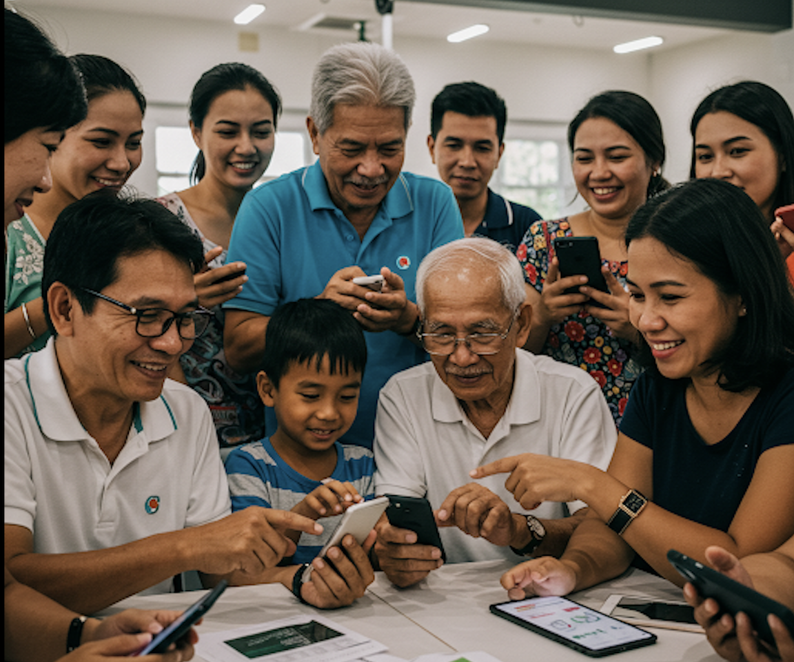 A family using AI tools on their mobile phones to conduct a digital transaction