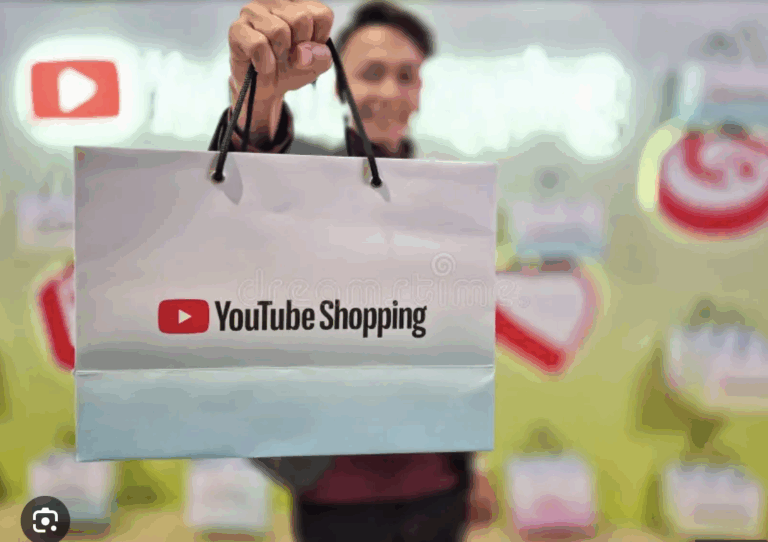 A man holding a shopping bag with the words "YouTube Shopping"