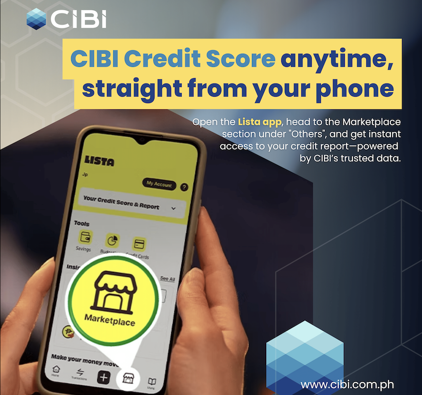 Poster from Lista showing a mobile phone with the app to show advantages of CIBI's Credit Scoring