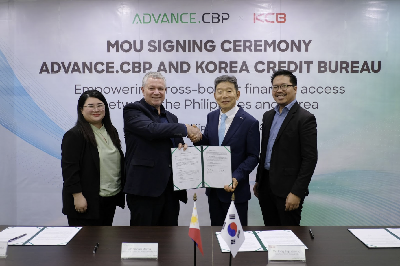 Executives shaking hands as ADVANCE.CBP introduces a new era of financial freedom for Filipinos and Koreans