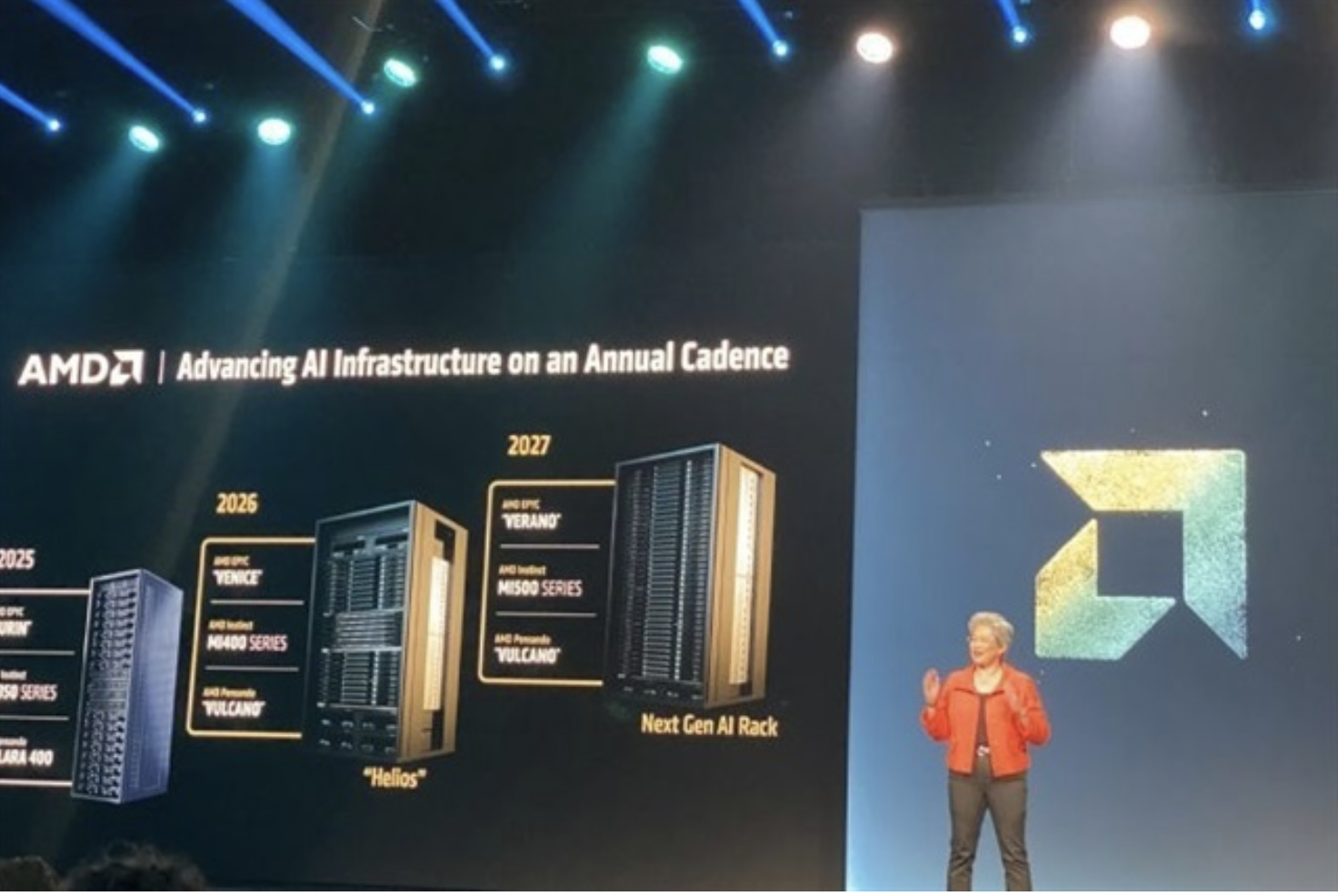 Dr. Lisa Su, AMD chair and CEO, introduces the next-generation rack-level solution Helios at Advancing AI 2025