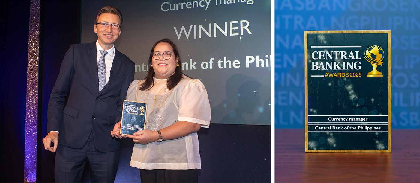 A BSP exec receiving a plaque after the PH central bank has been conferred the global 'Currency Manager of the Year' award