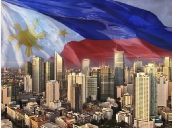 Illustration of the Philippine flag and buildings below to show FDI's effects in PH economy