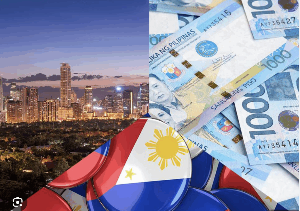 To illustrate growing economy, photo here shows the PH flag, peso bills and buildings