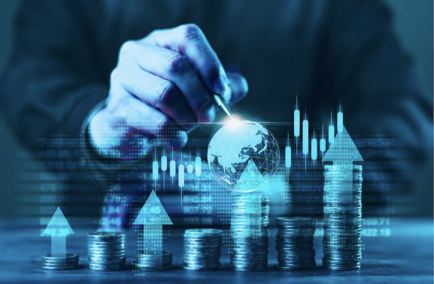 A man with a pen points to a globe amid a stack of coins to illustrate how surging remittances fuel growth of PH economy but FDI inflows present mixed signals