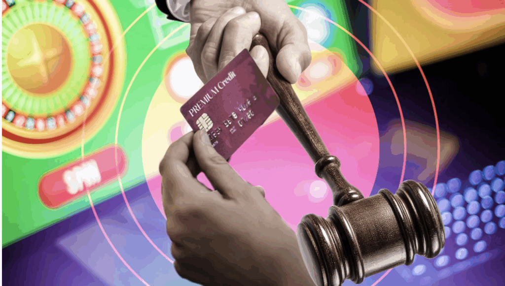 Photo of a gavel and a credit card to show how lawmakers are intensifying pressure on e-wallet apps amid online gambling surge