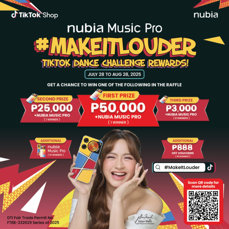 A young girl holding a colorful mobile phone as part of the promotional poster for nubia Music Pro's #MakeItLouder Dance Challenge