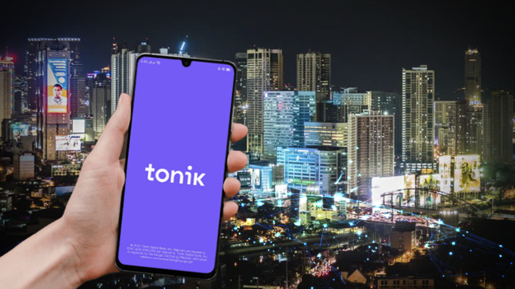 Image of a handheld phone with Tonik logo with financial institutions in the background as the digital bank becomes 1st Philippine company accepted into Tokyo Stock Exchange Asia Startup Hub