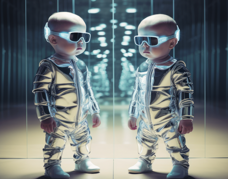 Twin babies in a space suit, wearing futuristic eye glasses, to illustrate the power of Trend Micro's digital twin technology 