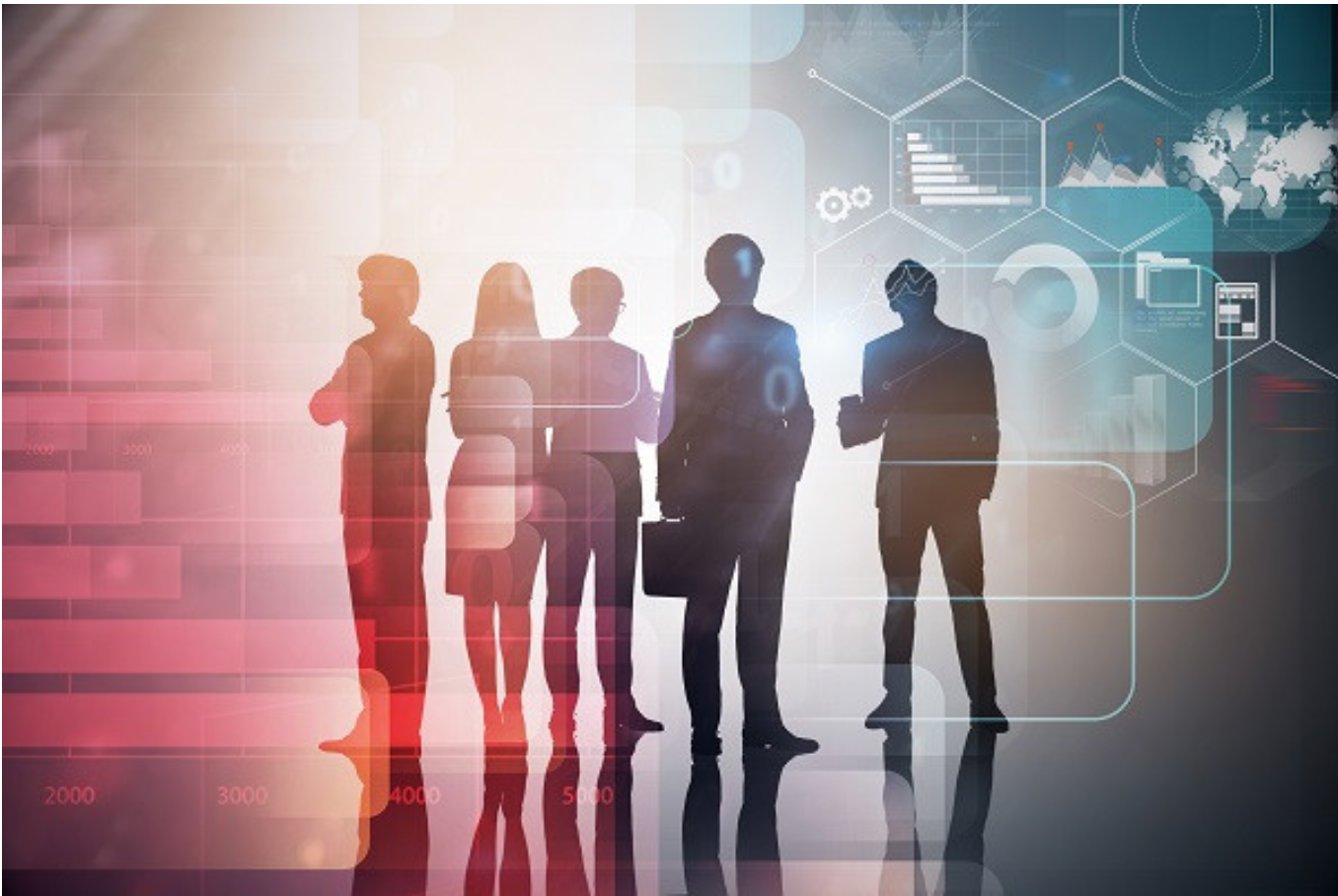 Artist's illustration of the widening talent gap as shown in this image of a group of 5 silhouetted figures standing together, representing a mix of genders and professions within a complex, futuristic graphic overlay