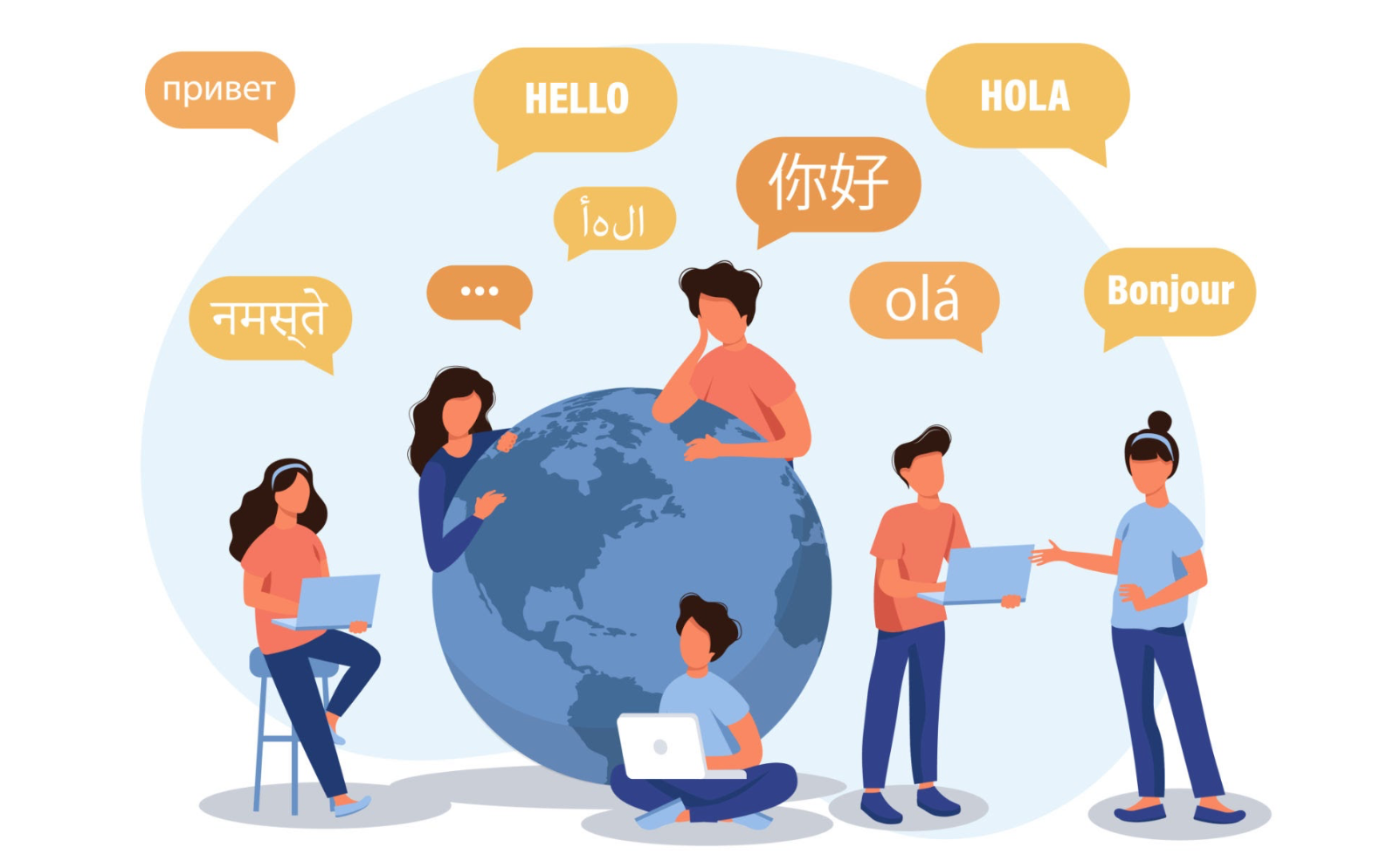 Caricature showing a a globe with people around it saying "Hello" in various languages as part of Google's "AI Now" initiative