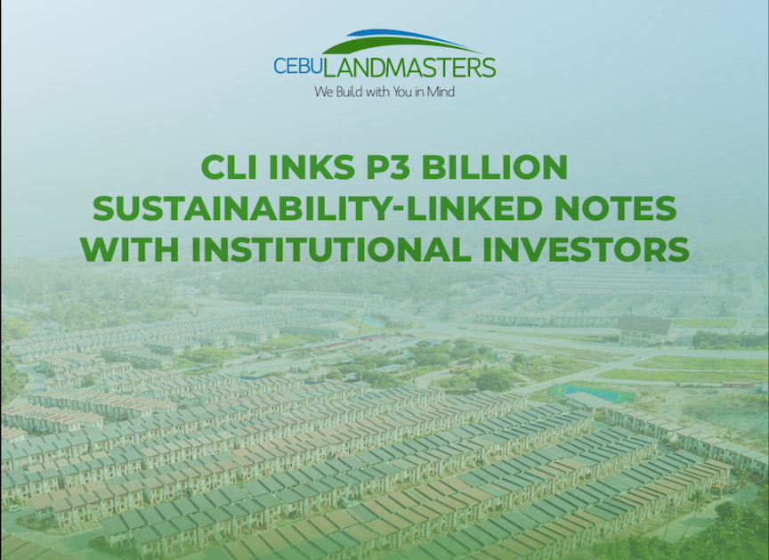 Poster showing CLI logo on top of aerial view of a wide tract of land as Cebu Landmasters bolsters expansion with P3-B sustainability-linked notes
