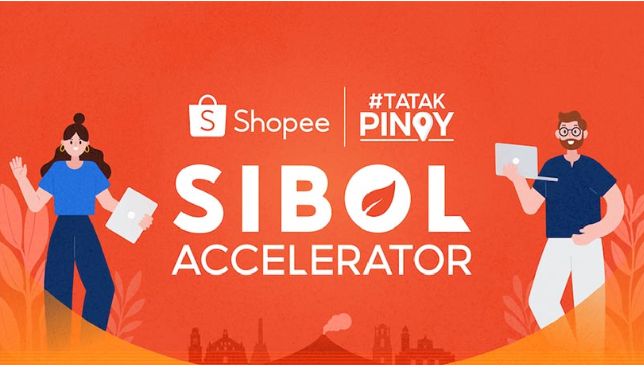 Caricature of a man and a woman holding laptops as poster for the launch of Shopee's 'Sibol Accelerator Program’ aimed at empowering Filipino MSMEs