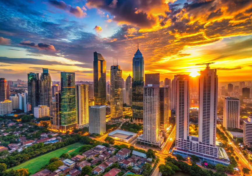 Urban cityscape with tall buildings and a dramatic sunset, used as a cover image for the AWS Study on AI adoption in the Philippines