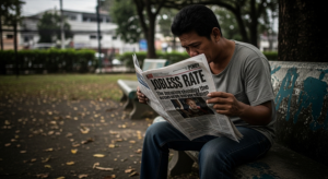 A man reading newspaper with the headline Jobless Rate due to high interest rate, FDI issues