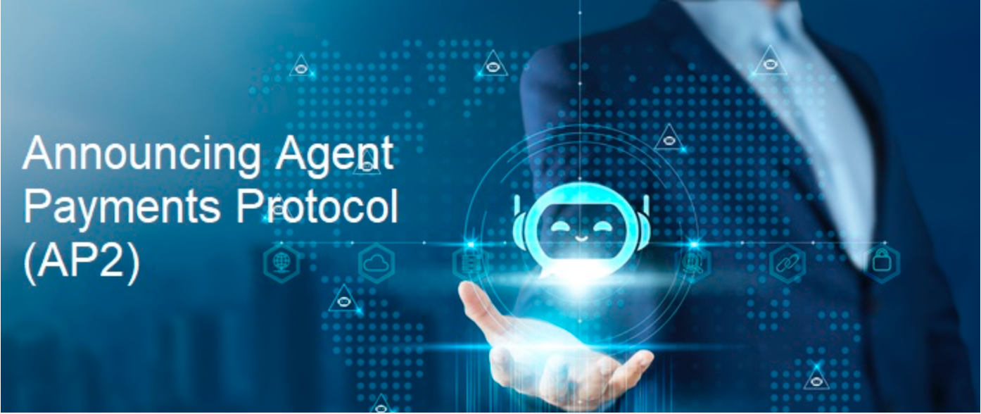 A robot head emerges from a man's hand as Google Cloud announces launch of AP2