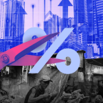 A huge scissors cuts a percentage sign amidst an economic backdrop as the Bangko Sentral announces rate cut
