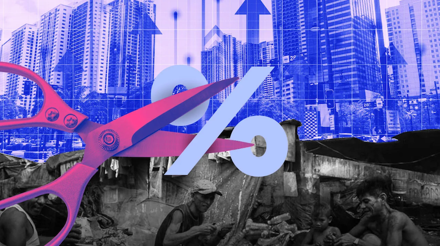 A huge scissors cuts a percentage sign amidst an economic backdrop as the Bangko Sentral announces rate cut