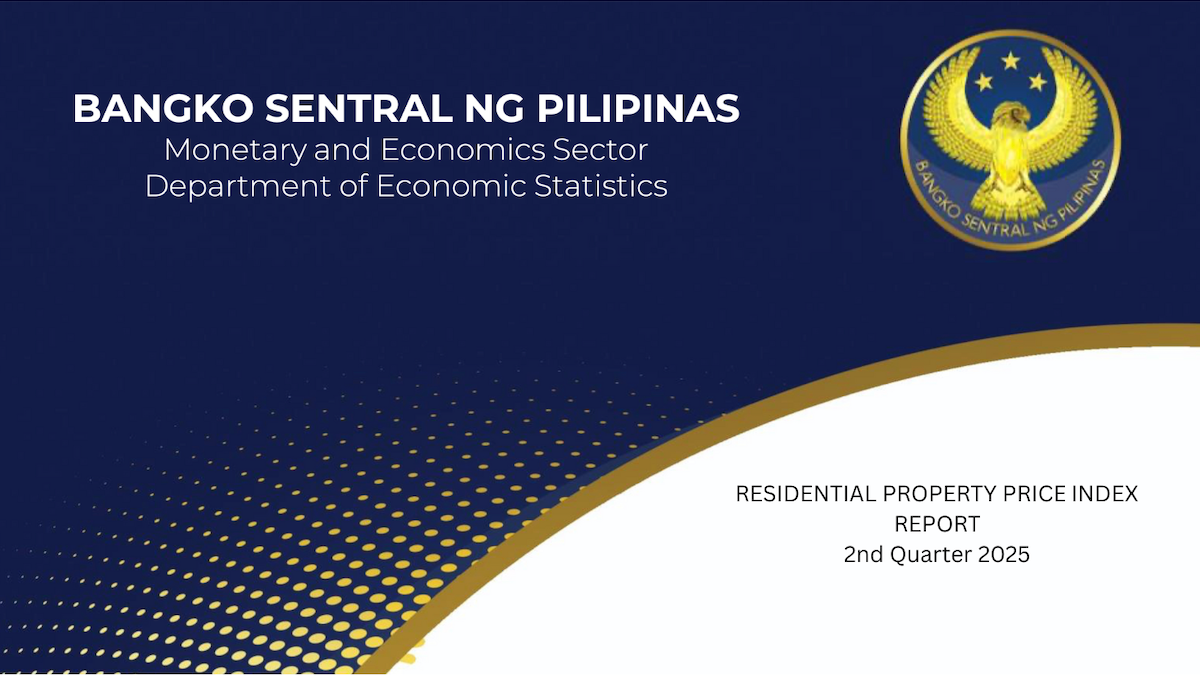 Cover page of the BSP's Residential Property Price Index report stating that housing prices in PH have climbed in Q2 2025, driven by growth outside NCR