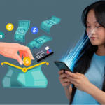 A hand comes out of a mobile phone to put money in a bag while a girl holds on to her phone to illustrate the best digital bank in the Philippines this 2025