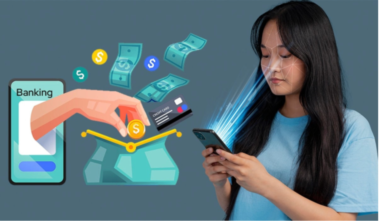 A hand comes out of a mobile phone to put money in a bag while a girl holds on to her phone to illustrate the best digital bank in the Philippines this 2025