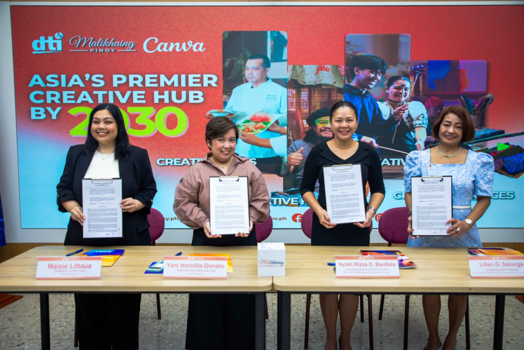 Canva Philippines led by Maisie Littaua (left) signs a Memorandum of Agreement with the Department of Trade and Industry (DTI)’s Creative Industries Development office