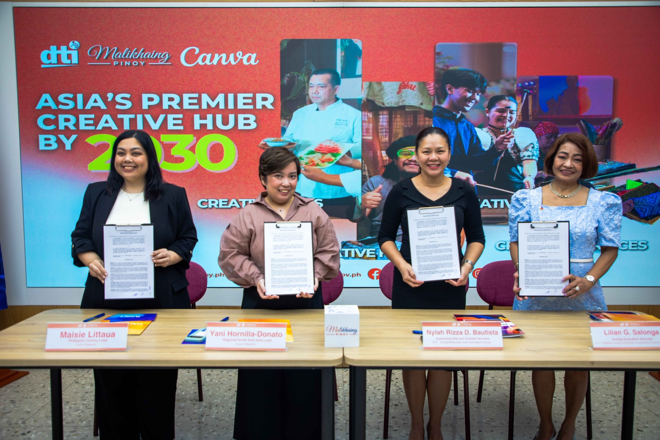 Canva Philippines led by Maisie Littaua (left) signs a Memorandum of Agreement with the Department of Trade and Industry (DTI)’s Creative Industries Development office