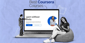 A girl sits on the sofa beside a laptop with giant screen as the words "Best Coursera courses" get flashed on top of them