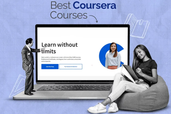 A girl sits on the sofa beside a laptop with giant screen as the words "Best Coursera courses" get flashed on top of them