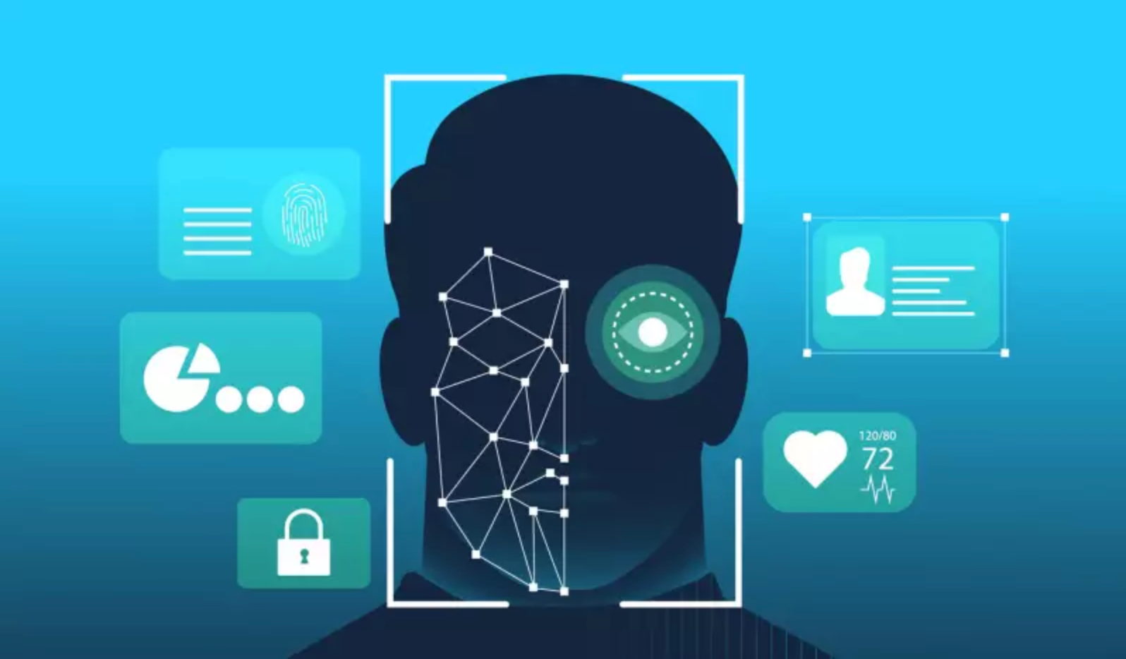 Figure of a human head with various icons like lock, heart and three dots all over it to illustrate digital identity