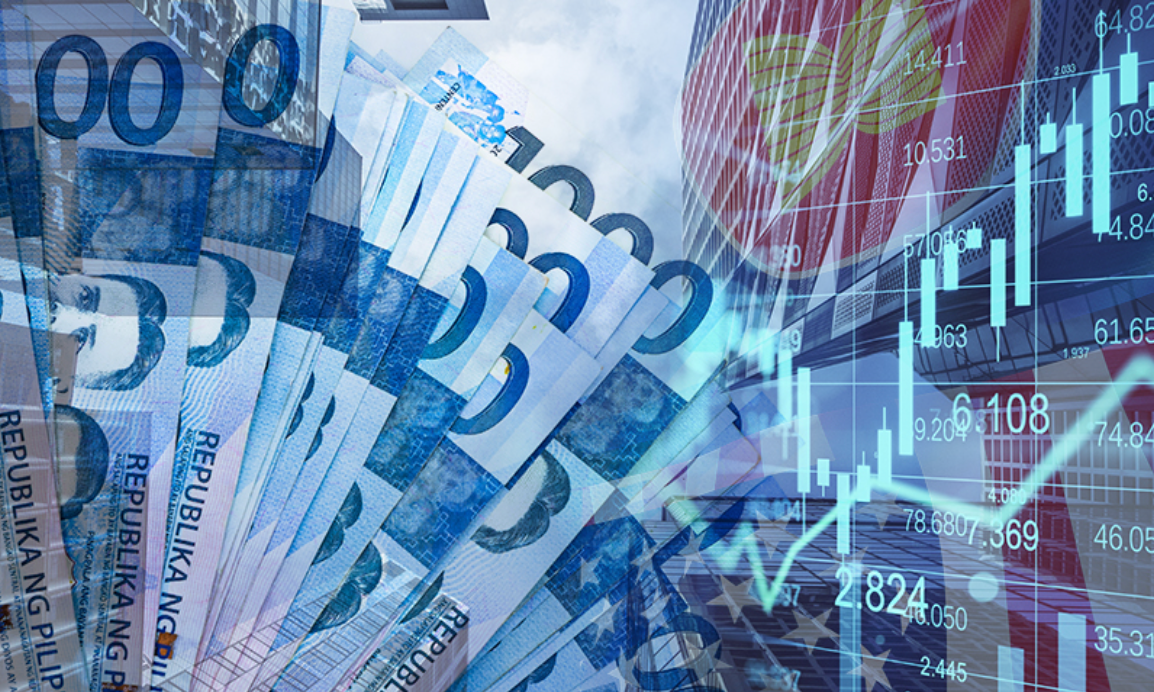 Image of P1,000 peso bills and a graph as the BSP cuts rates as foreign reserves climb to US$108.8-B, signaling policy flexibility