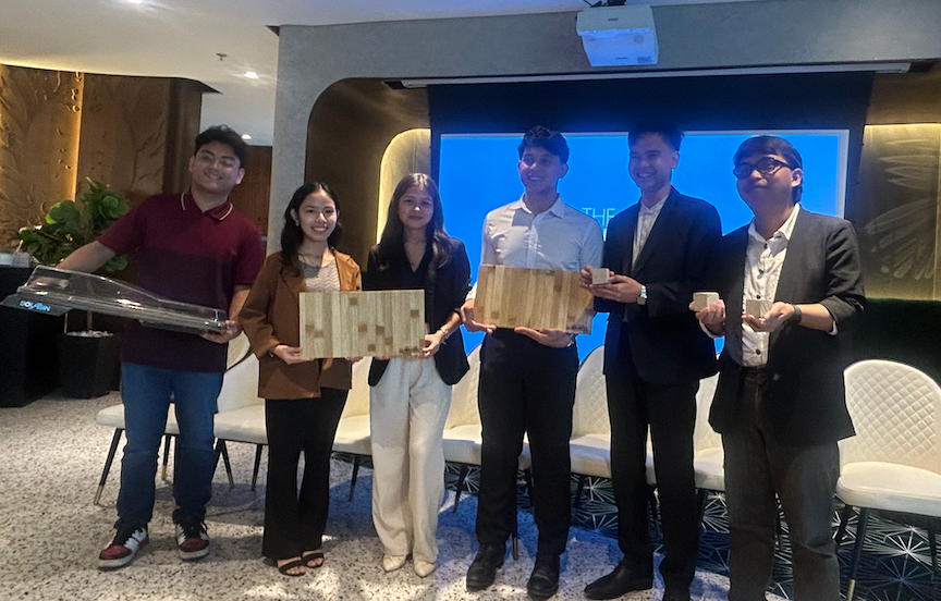 Photo shows this year's James Dyson Award winner John Carlo Luna Reyes (left, for SolAsin), ≈ together with other finalists Jo Jane Nalam, Guendolyn Almonte, Sandrew Rogel Eya (Lambooply), and John Joseph Banticil and Jayvimar Sumagang (Chillwise) after presenting their inventions