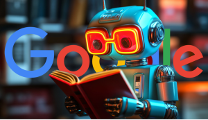 A robot reading a book while wearing glasses that spells Google as the comply launches its Google AI Plus app