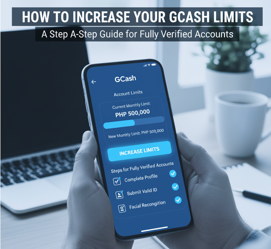 A man holds a mobile phone in front of a laptop to show how to increase your GCash limits