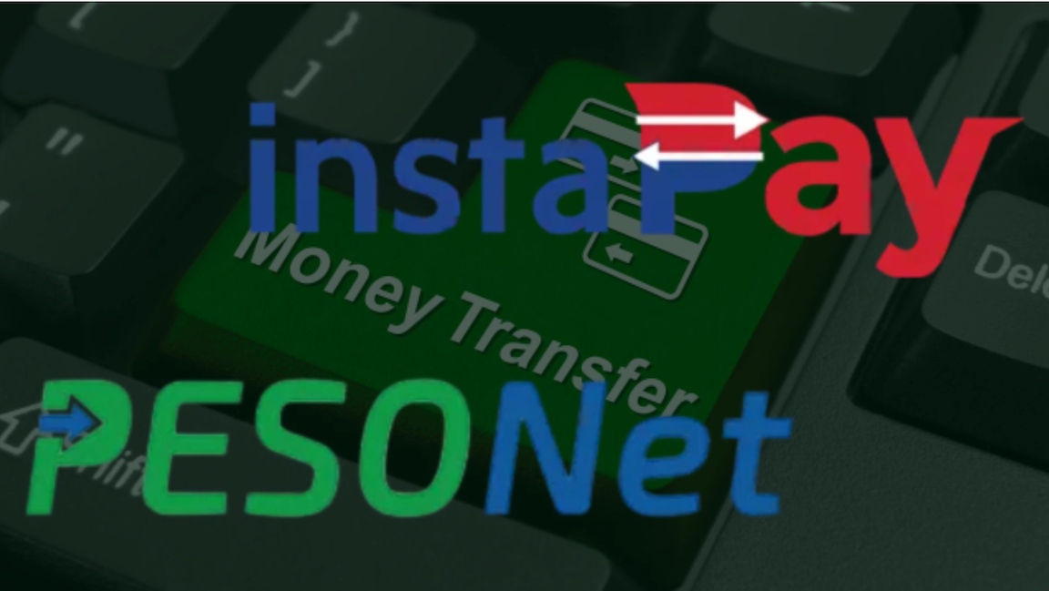 Image showing logo of InstaPay and PESONet on top of a laptop