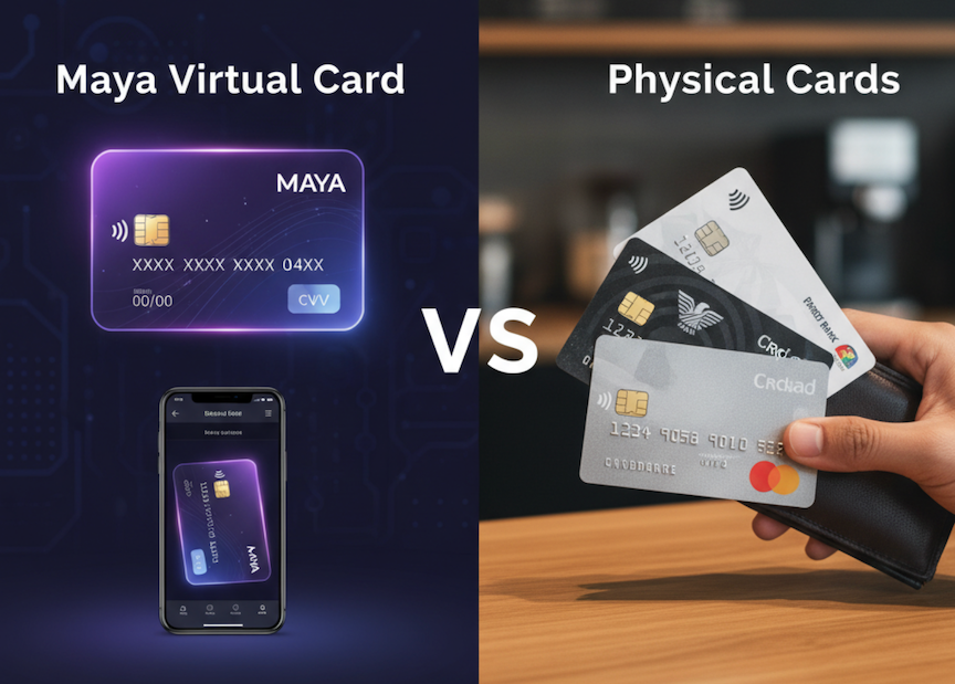 Image of 2 credit cards to show difference between Maya virtual card and a physical card